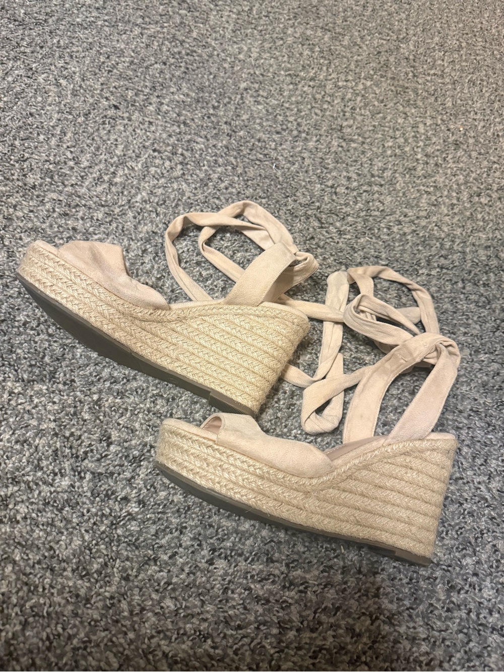 Lace-Up Espadrille Wedge Sandals in Beige